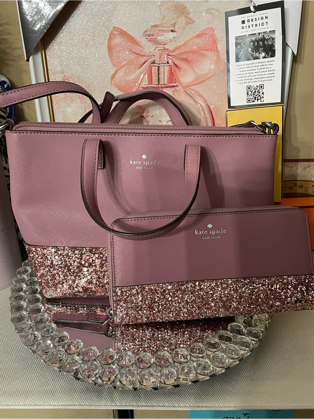kate spade Pink Glitter Tote with Matching Wallet callouts are corners